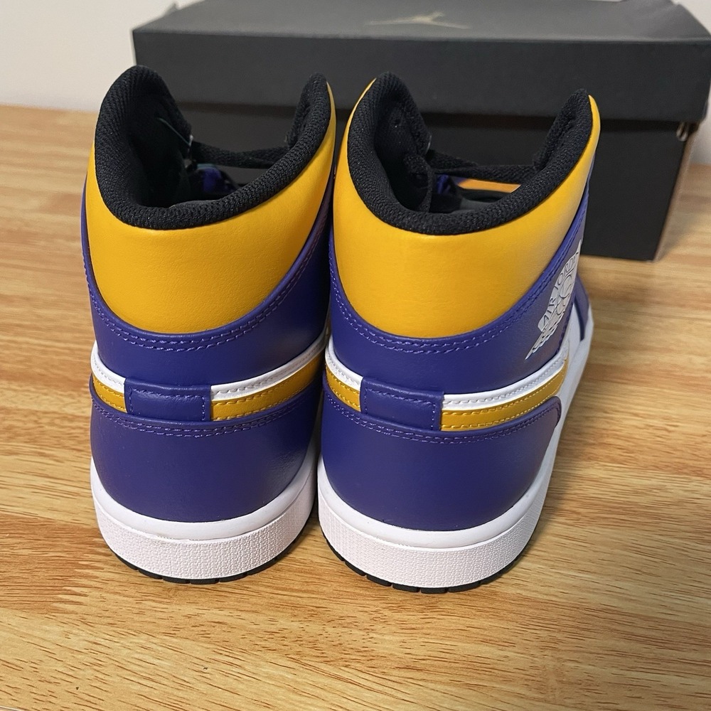 Nike  Mens Air Jordan 1 Mid Shoes Purple White Yellow  Lakers DQ8426-517 - Picture 5 of 6